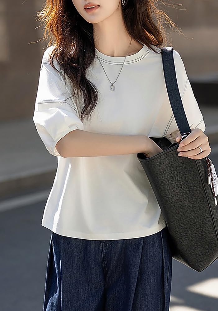 Blouse Summer Sleeve Puff Sleeve Top Crew Neck Loose Fit Body Covering Plain Jacket Feminine Cute Stylish Casual [H. zroy] Women's T-shirt 3/4
