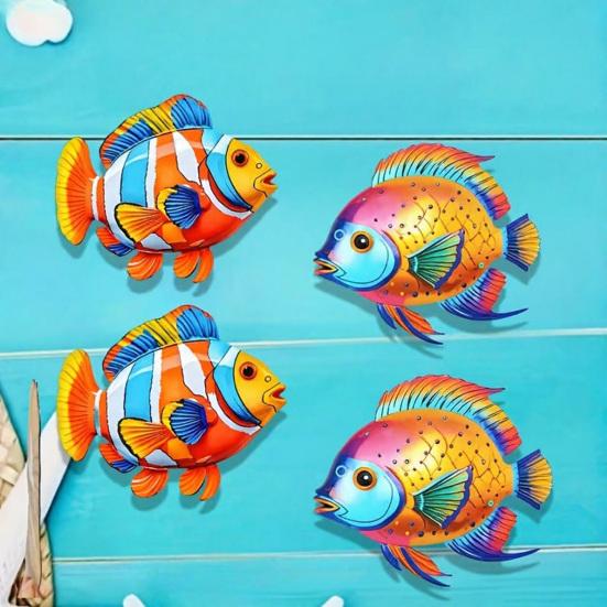 2 Pcs Wooden Fish Wall Art Tropical Fish Sculpture Coastal Beach Sea Animal Wall Hanging Ornament for Bathroom Pool Patio Fence Decor