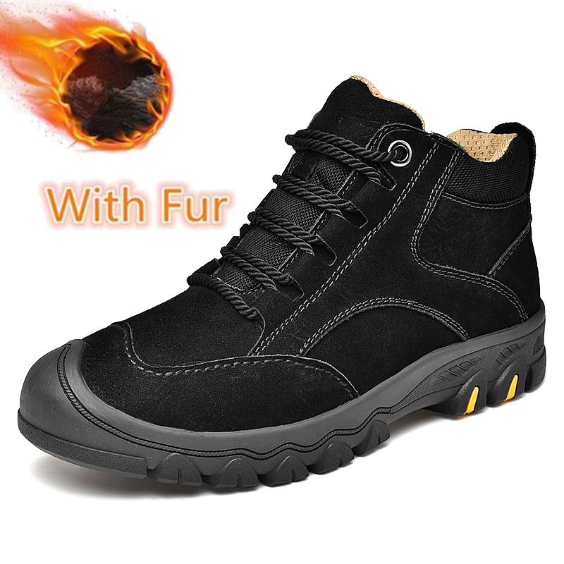 Genuine Leather Mens Ankle Boots Autumn Winter High Top Shoes Non Slip Walking Shoes Lace Up Male Snow Motorcycle Boots Sneakers