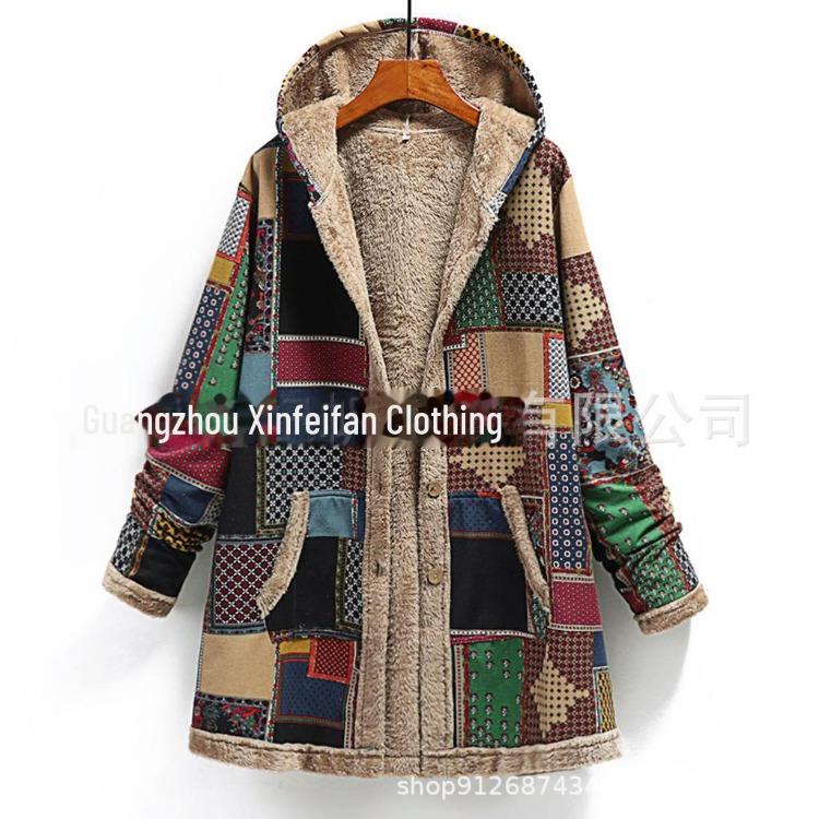 

Women s Cotton Linen Printed Hooded Sweatshirt Coat Winter 2020 5XL зелений