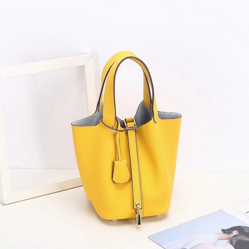 First-layer Lychee Pattern Leather Bucket Bag Brand Fashionable Gold Button Cowhide Vegetable Basket Women's
