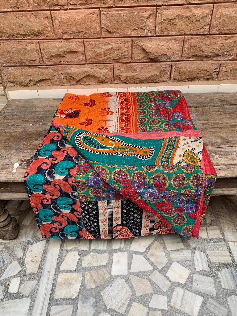 Hand Stitched Kantha Quilt: Recycled Sari Blanket, Bohemian Throw