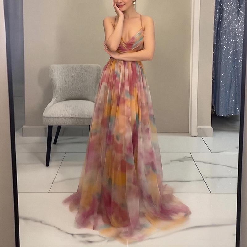 2026 Spring Women's Colorblock Print V-Neck Spaghetti Strap Long Dress