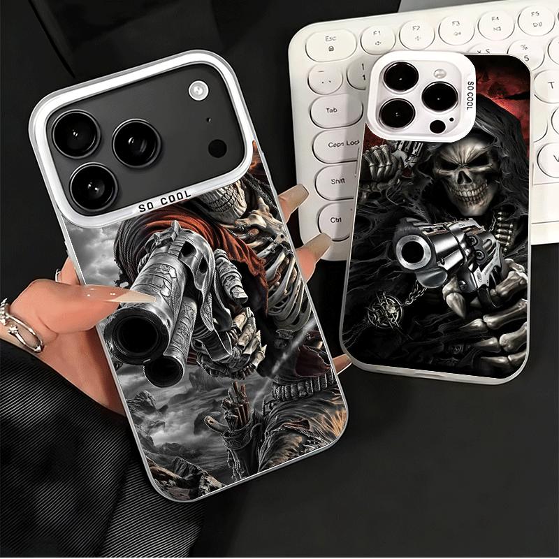 Sensemann Totenkopf Skelett Pistole Stoßfeste Handyhülle für iPhone 17 Air 16 16E 15 Pro Max 14 Plus 13 Mini 12 Rückseite Anti-Fall-Schutz