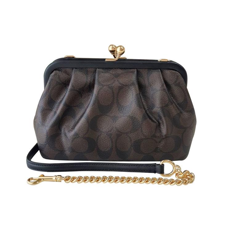 New COACH Kisslock Canvas With Leather Cloud Bag, Chain Bag, Shoulder Bag, Crossbody Bag Women's Dark Brown Monogram C2876-IMAA8