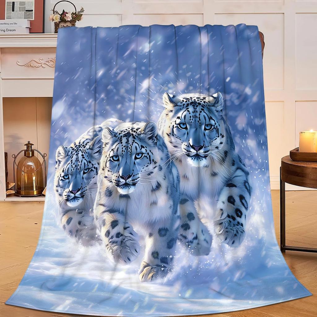 Snow Leopard Blanket with Three Wild Cats in Snowstorm Design for Cozy Living Room Decor AnimalPrintThrow Gift for Nature Lover