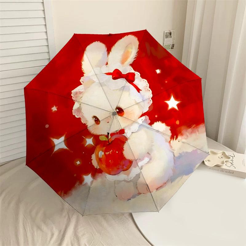 Adorable Bunny with Apple Print Umbrella - Auto Open/Closed, Outdoor Protection, Lightweight & Durable Travel Accessory 132
