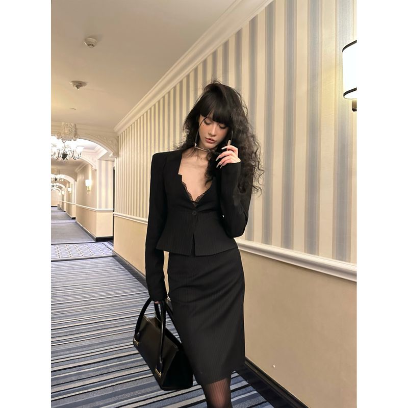 

0122stepll Black Elegant Outfit Women s Short V-neck Suit Outwear Low Waist Hip-Wrapped Skirt Two-piece Set Skirt L