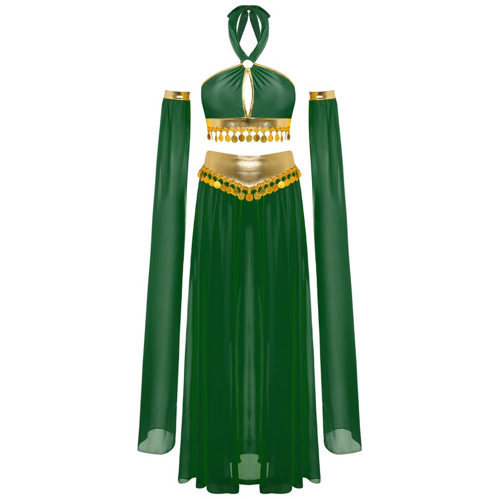 Womens Belly Dance Costume Self Tie Halter Keyhole Front Sequins Hem Crop Top Built In Briefs Chiffon Skirt