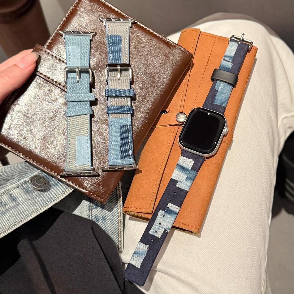 Patchwork Denim PU Leather Bracelet For Apple Watch Band S11/10/9/8/7/6/5/Ultra iWatch Strap 49/46/45/44/42/41/40/38mm Casual