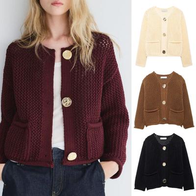 Women Sweater Tops O-Neck Long Sleeve Single Breasted Knitting Coat with Pockets Solid