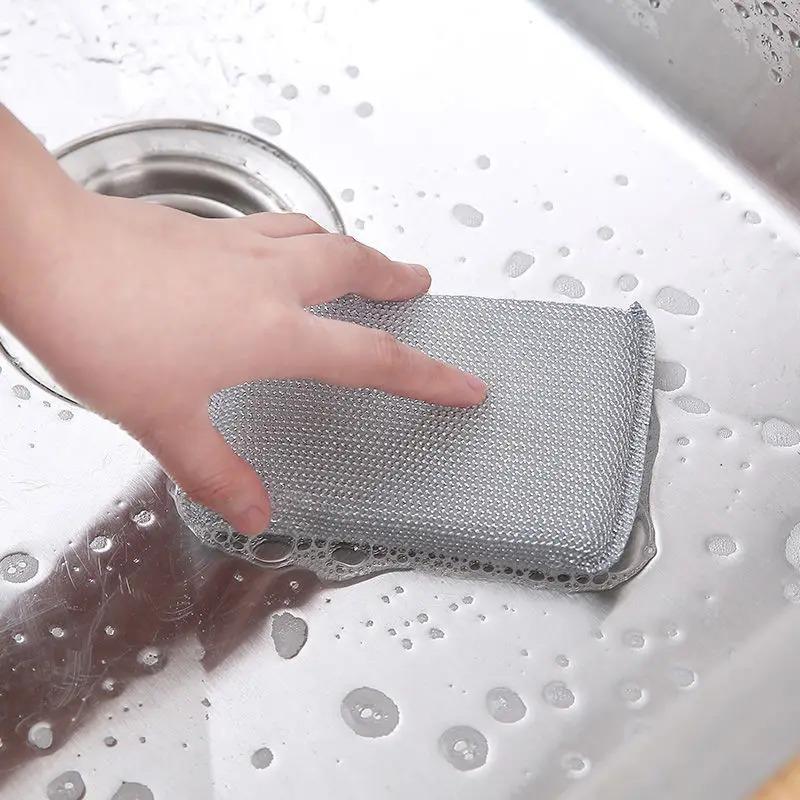 Magic Steel Wire Sponge Wipe Non-stick Oil Brush Reusable Double Sided Cleaning Cloth Kitchen Dishcloth Scouring Pad Rags Towels