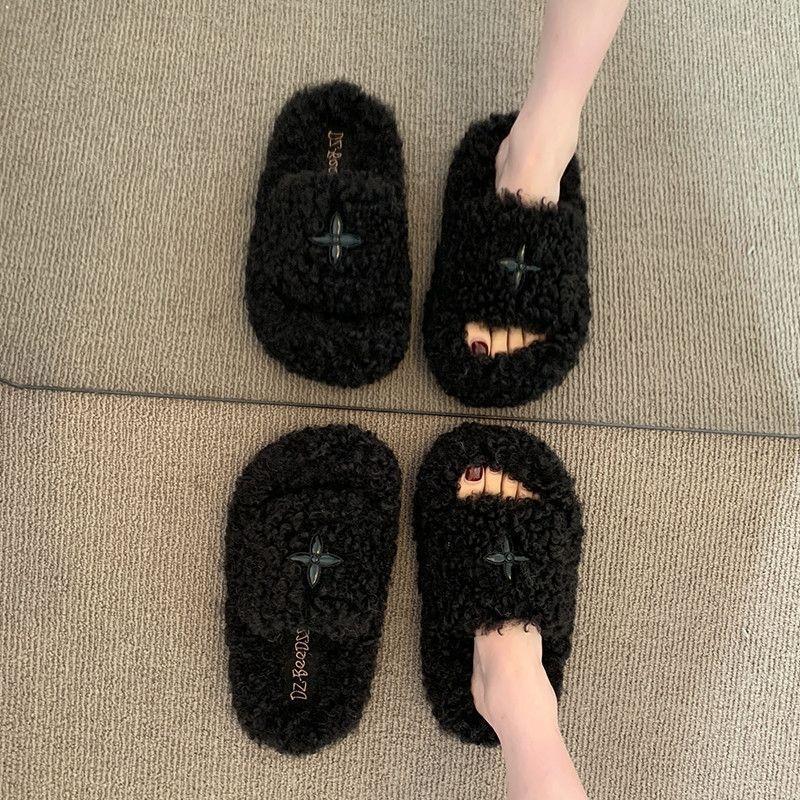 Fashion Non-Slip Plush Slippers Women Wear Soft Soles Comfortable Lazy Pedal Home Indoor Fluffy Shoes Drag