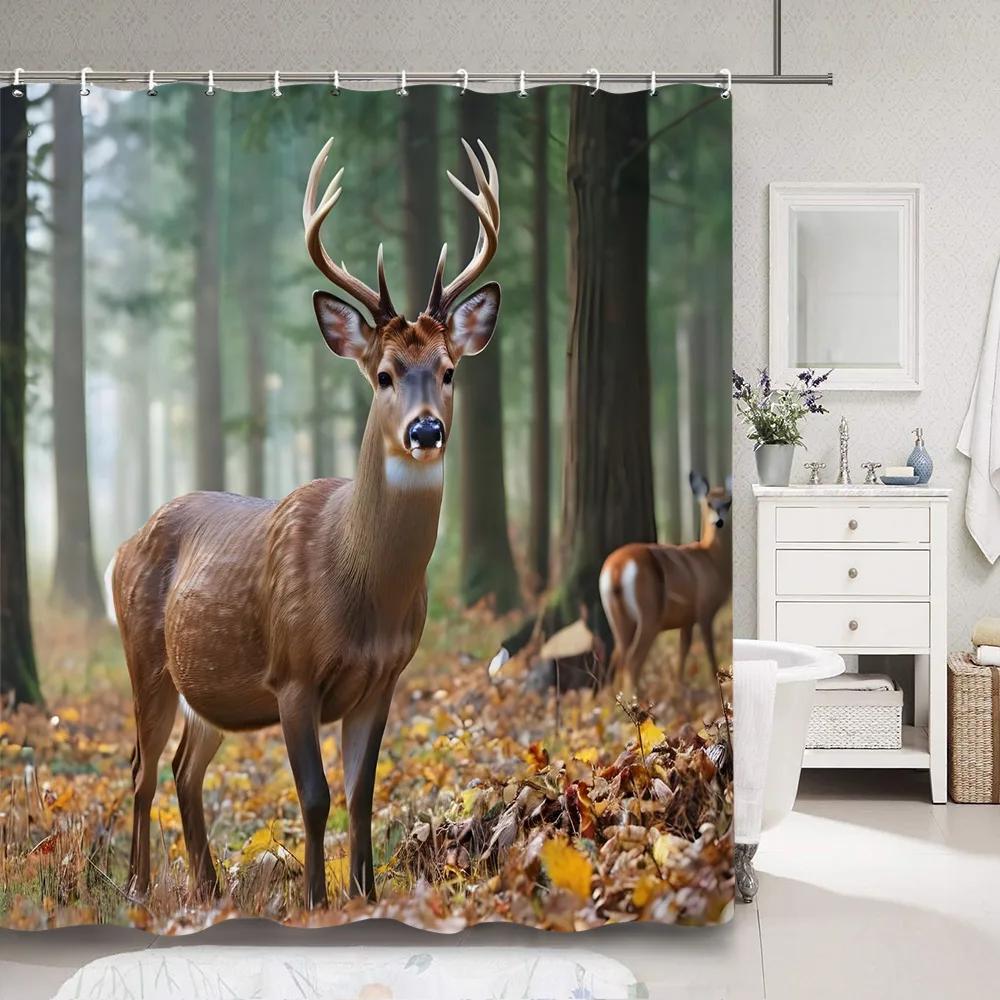 Deer Shower Curtain Deep Forest Autumn Nature Landscape Animal Thanksgiving Polyester Shower Curtains Bathroom Decor with Hooks