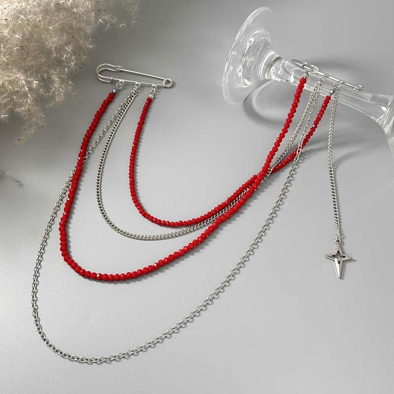 Fashion Red Rice Bead Tassel Brooches for Women Punk Multi-Layer Chain Star Pendant Brooches Suit Clothes Jewelry Accessories