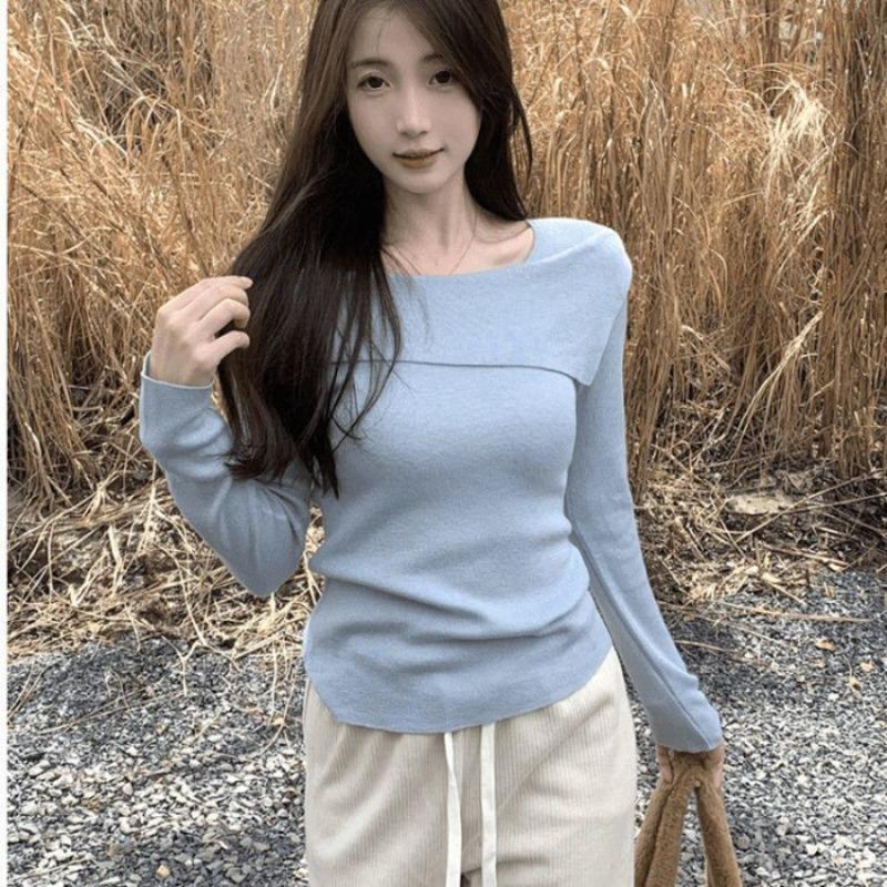 Irregular one-word shoulder sweater women's spring slim-fit babes top chic knitted bottoming shirt