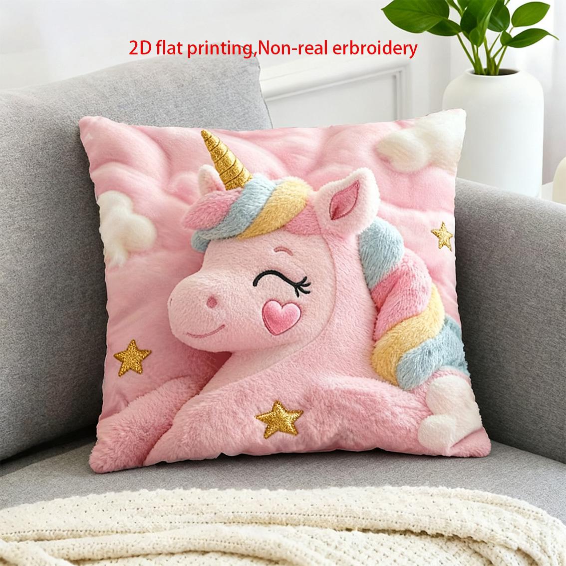 [Unicorn Pillowcase] A Cute Unicorn Pillowcase With A Rainbow Tail And Stars, Featuring A Pink Print On One Sid Peach skin 18*18(CM)-1Pcs