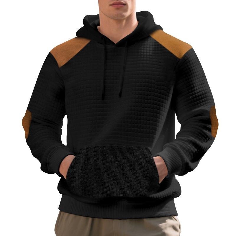 Mens Casual Loose Plaid Color Block Hooded Pullover Sweatshirt With Large Pockets