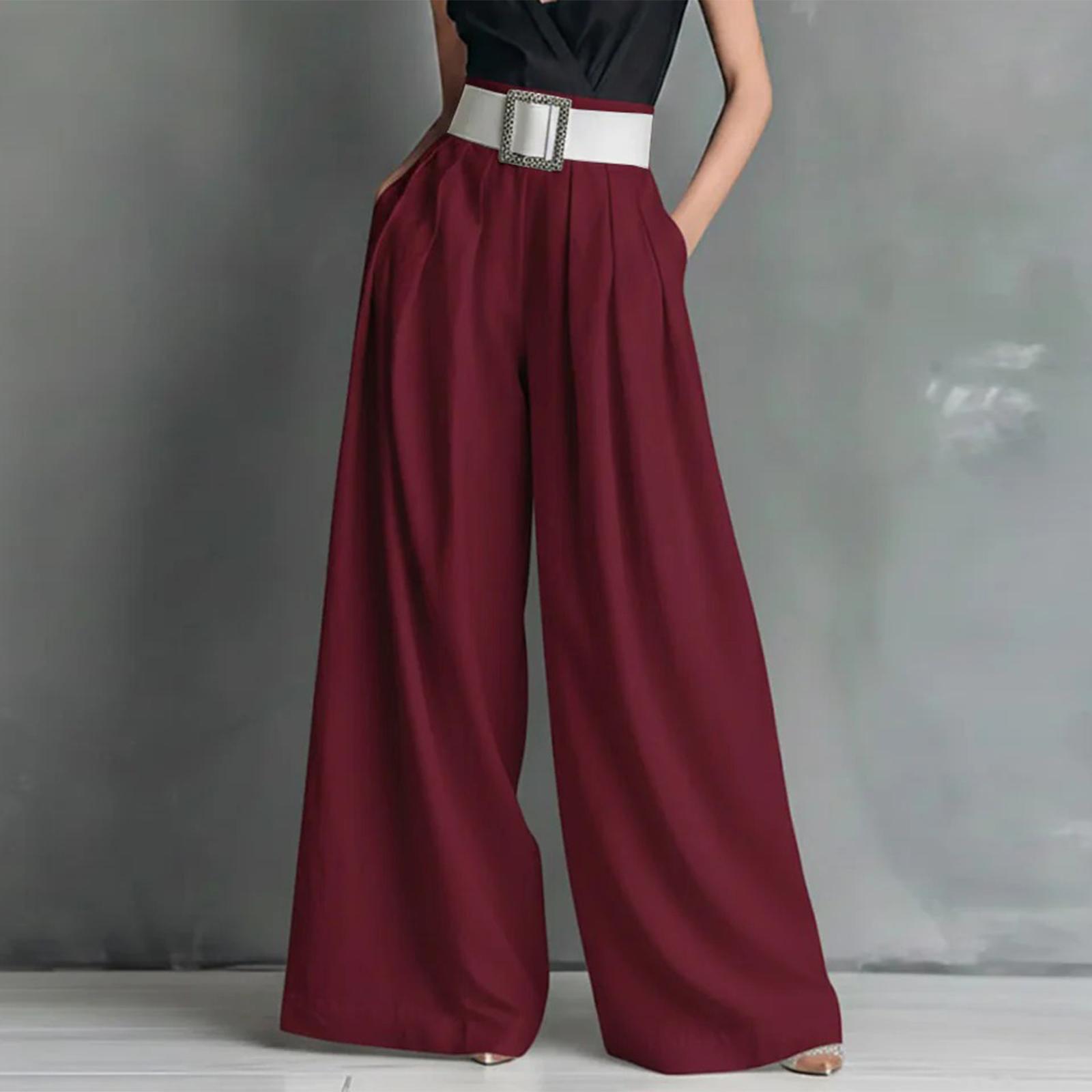 

Women s Fashionable Color Pocket High Waist Loose Wide Leg Casual Pants S винний