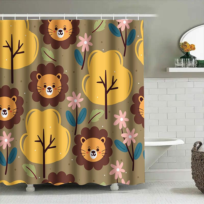 Animal Cartoon Shower Curtain Set Decorative Bath Tubs Waterproof Printing Polyester Fabric Kids Bathroom Accessories Yellow Pin