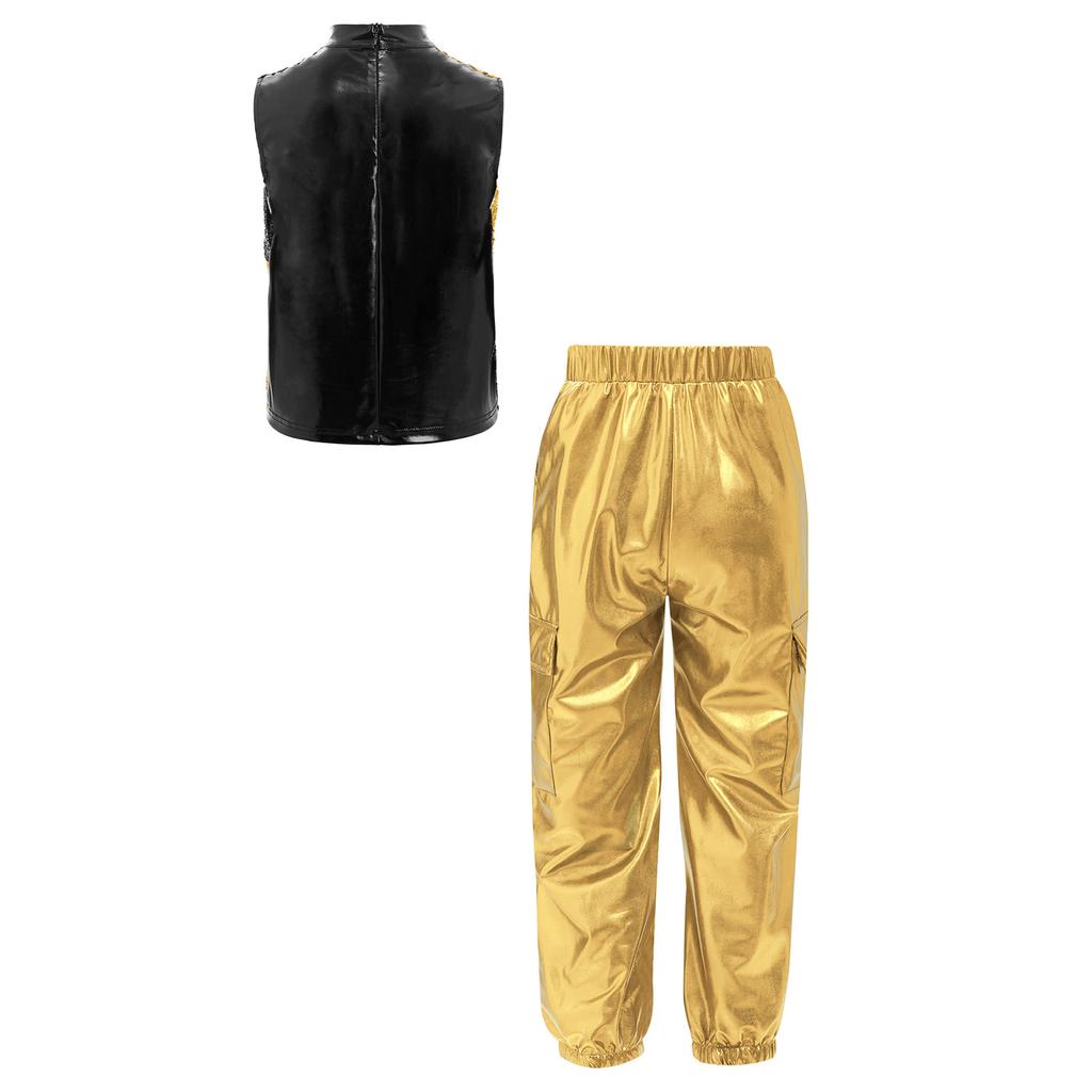Costume da Danza Jazz Metallico per Ragazzo Collo Alto Senza Maniche Zip Posteriore Paillettes Lucide Blocco di Colore Top Pantaloni Cargo