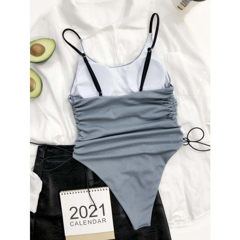 Einteiliger Badeanzug für Damen mit Kordelzug, Bademode für Damen 2025, rückenfreier Body, gerippter Badeanzug, Sport-Strandbekleidung