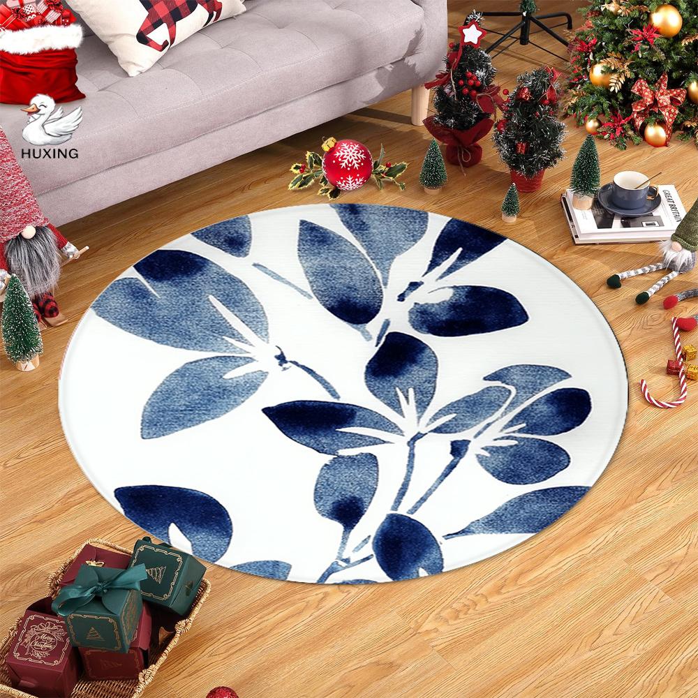 Rond Botanisch Bladpatroon Vloerkleed Blauw Moderne Woonkamer Vloer Decoratie Ornament Mat Tapijt Vloermat 40cm-dia.