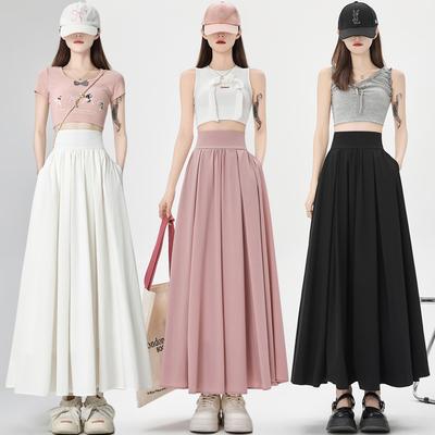 Pink Belly-closing High-Waist A-line Skirt for Women In Summer First Love Pleated Umbrella Skirt Drooping Long Skirt