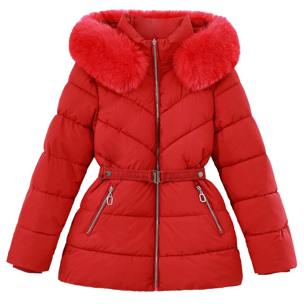 Fleece cotton-padded clothes for women's autumn and winter new medium and long removable hat slim-fitting waist large fur-collared cotton-pad