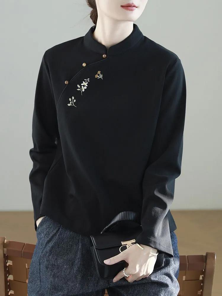 Women S Long Sleeve Stand Collar Embroidered Chinese Style Shirt