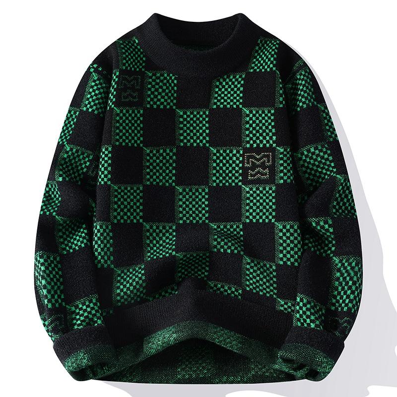 Checkered Sweater for Men's Autumn and Winter New Fashion Brand Jacquard Knitted Sweater with Half High Collar and Bottom Layer