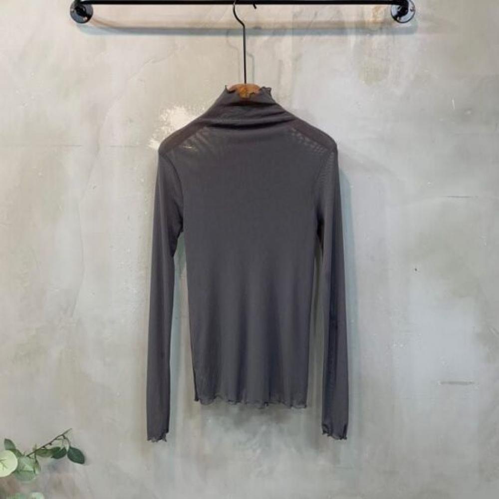 C S In The Room Depo Sheer High neCk Ruffle Long Sleeve T ShirT 4Color