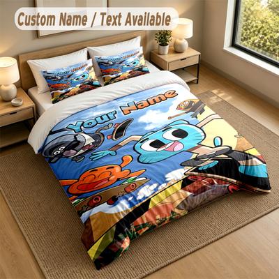 Benutzerdefinierte Name Text Bettwäsche 3-teiliges Set, Erstaunliche Welt von Gumball 1 Bettbezug 2 Kissenbezüge Weiche Bettwäsche Für Geschenk