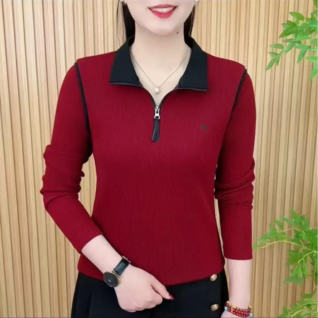 Spring & Autumn Half-Zip Color Block Embroidered Slimming Women's T-shirt