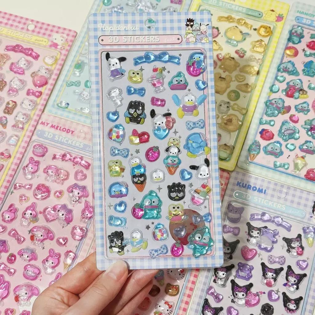 Kawaii Sanrio Cartoon Relief Stickers Cinnamoroll Kuromi Pompom Purin Melody Jelly Crystal Sticker Cute Decoration Decals Gifts