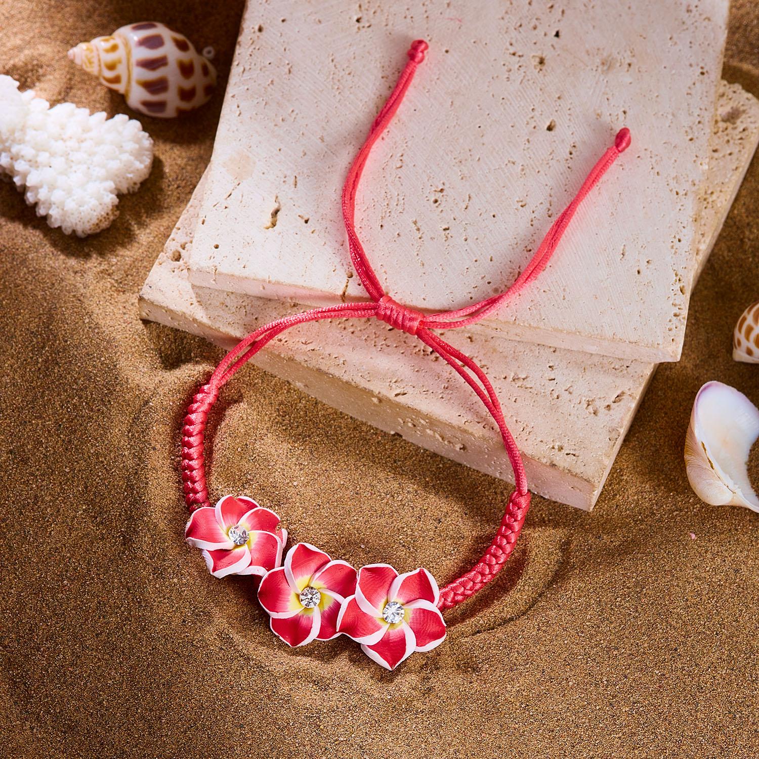 

Y2K Aesthetic Plumeria Flower Bracelets for Women Handmade Braided Clay Floral Charm Bracelets Summer Beach Vacation Jewelry
