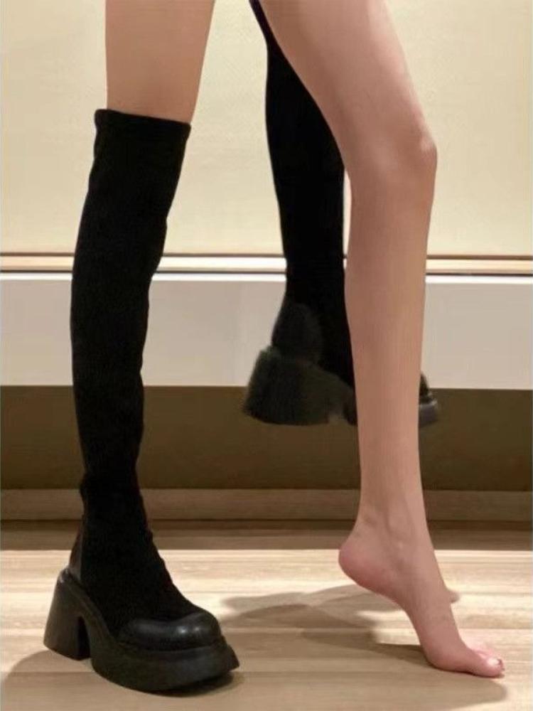Fashion Elastic Black Round Toe Thigh High Boots for Women Spring Autumn Hot Work Gyaru Quality On Offer Above Over The Knee Shoes Woman