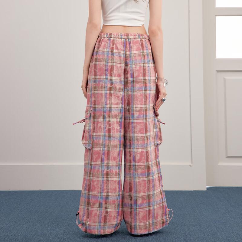 UNIFREE Pink Plaid Distressed Two-Way Cargo Pants