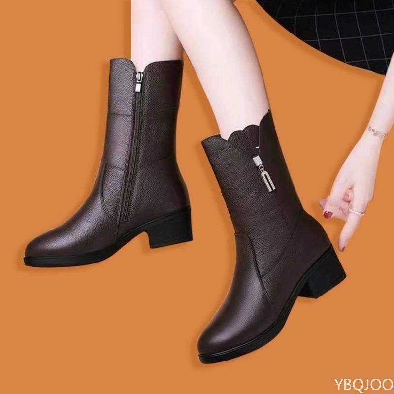 Elegante minimalistische Stiefel mit mittlerem Absatz, dicken Absätzen, modisch vielseitig für Herbst und Winter, Schneestiefel für Damen, bequeme warme Schuhe