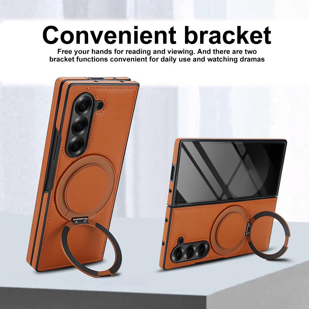 PU Leather Cases for Samsung Galaxy Z Fold 7/6/5/4/3 Built-in Screen Protector Cover Magnetic 360 Rotatable Ring Stand Holder