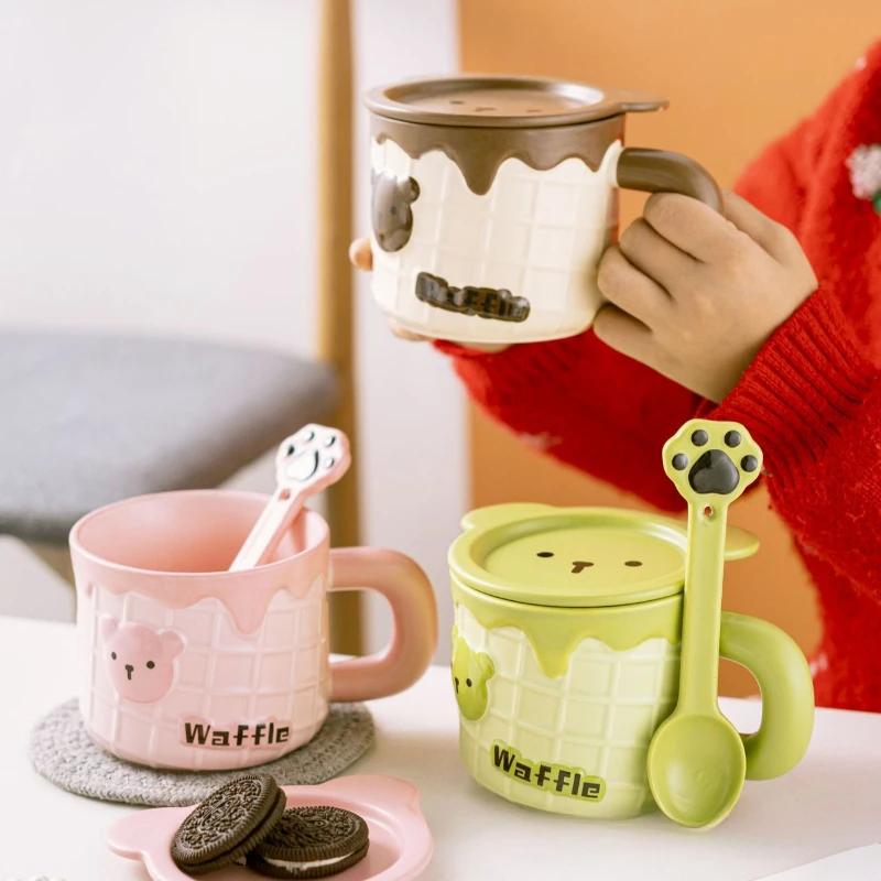 1 шт. Милі керамічні чашки Чашка для сніданку, вівсяного молока, кави з кришкою та ложкою Побутові Креативні кружки для води з високою естетичною цінністю Подарунки
