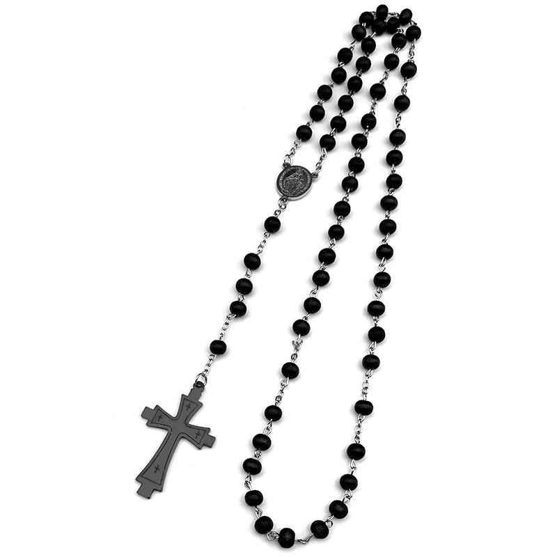 Christian Jesus Cross Stainless Steel Silver Color Statement Necklace for Women Men Long Prayer Beads Chain Jewelry Gift