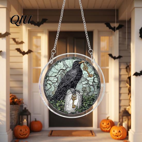 Unique Sun Catcher Gift Halloween Scary Bat Pumpkin Acrylic Jigsaw Puzzle Suncatcher, Stained Glass Style Rainbow Shadow Decor Window