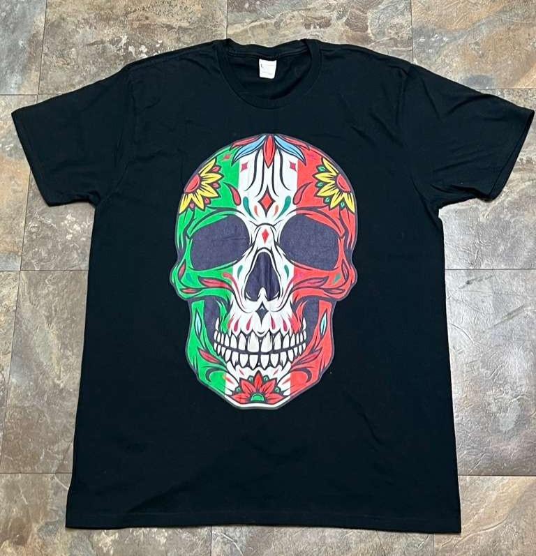 Mexican Flag Sugar Skull T-Shirt Día de los Muertos Black