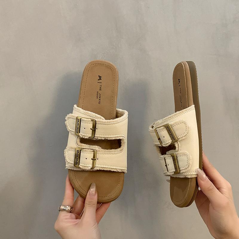 Summer new casual style flat bottom daily comfortable one-word sandals versatile soft-soled beach shoes slippers women
