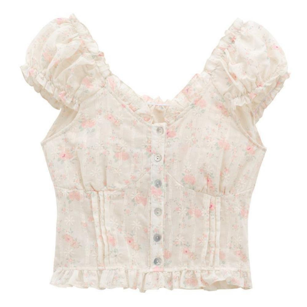 Einzigartiges florales kurzes Stilvolles Taillen-V-Ausschnitt Puffärmel Einseitig schulterfrei Süß und Würzig Top Shirt