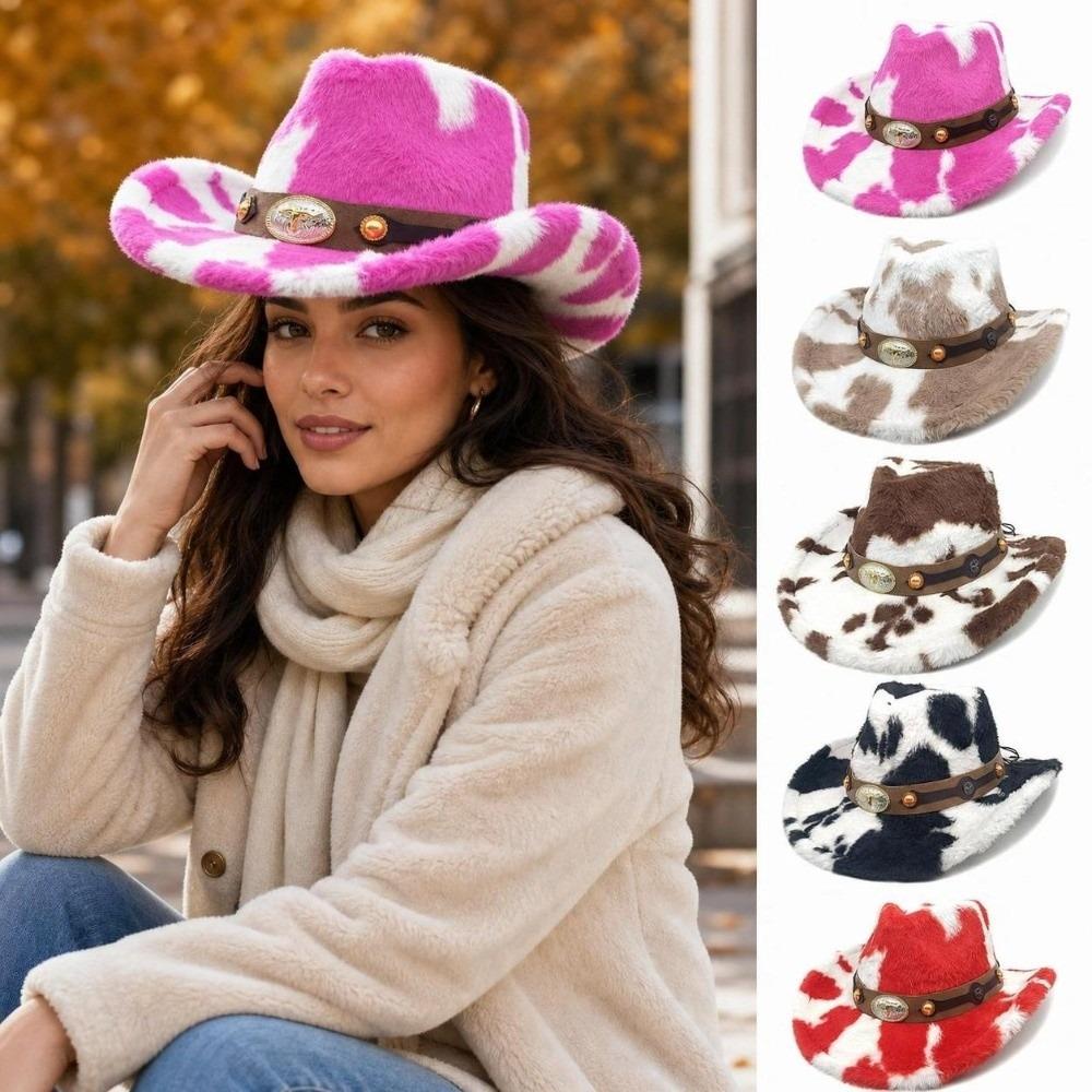 Metal Badge Faux Fur Hat Windproof Cowgirl Hat Vintage Western Cowboy Hat  Winter Wear