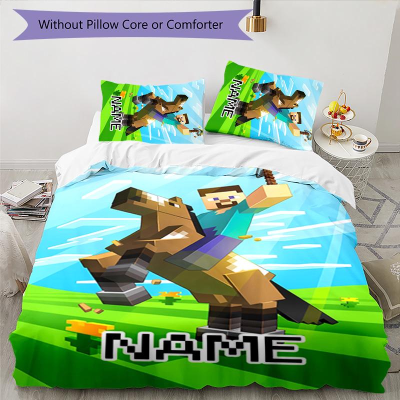 3pcs Minecraft2 Cover Set - Personalized Name, HD Printed Bedding with 1 Cover and 2 Pillowcases - Perfect for Home Decor, Easy Care