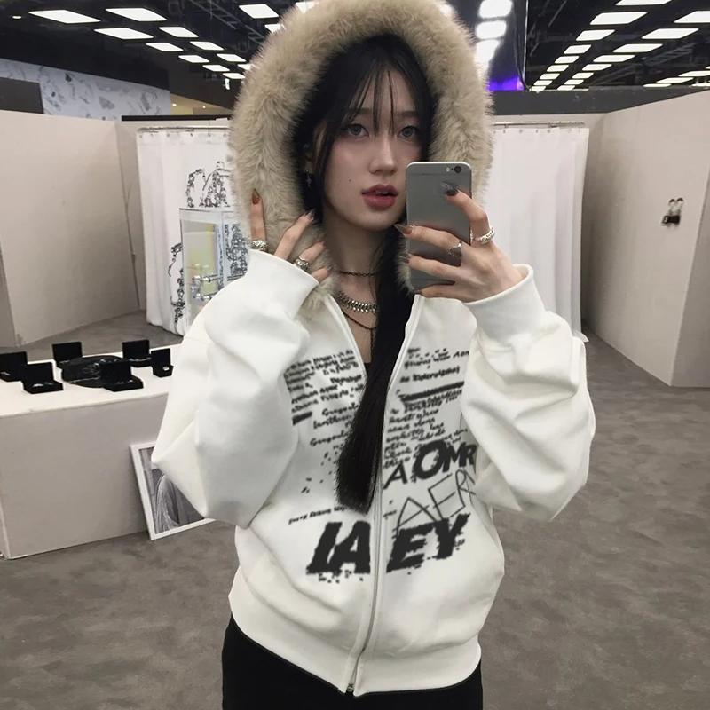 Fur Collar Hooded Zipper Coats for Women Harajuku Letter Printed Hoodies Streetwear Thick Coat Autumn Winter Jacket Y2K