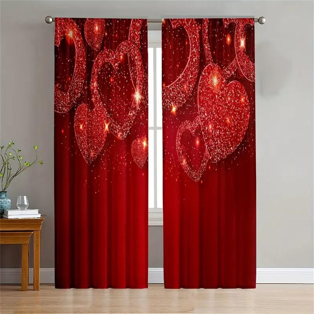 2pcs Love Heart Flower Happy Valentine's Day Window CurtainS for Bedroom Kitchen Living Room Study Window Treatment Home Decor